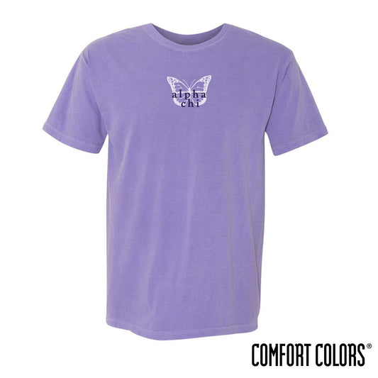 Alpha Chi Comfort Colors Purple Butterfly Tee | Alpha Chi Omega | Shirts > Short sleeve t-shirts