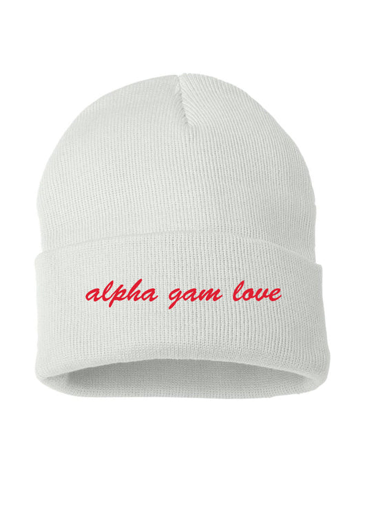 Alpha Gam Love White Beanie