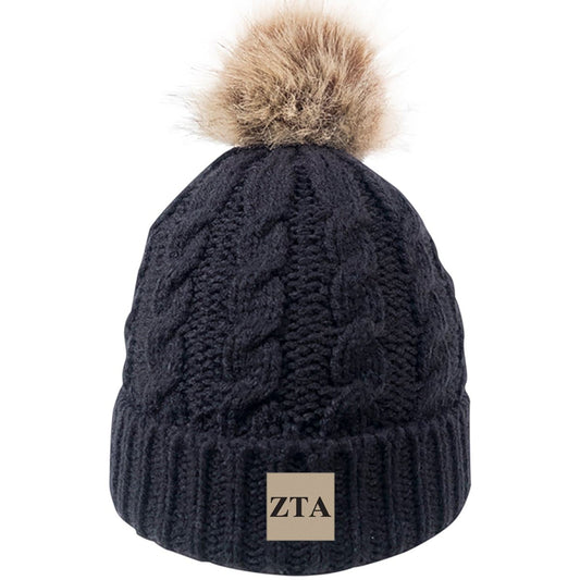 Zeta Black Fur Pom Beanie | Zeta Tau Alpha | Headwear > Beanies