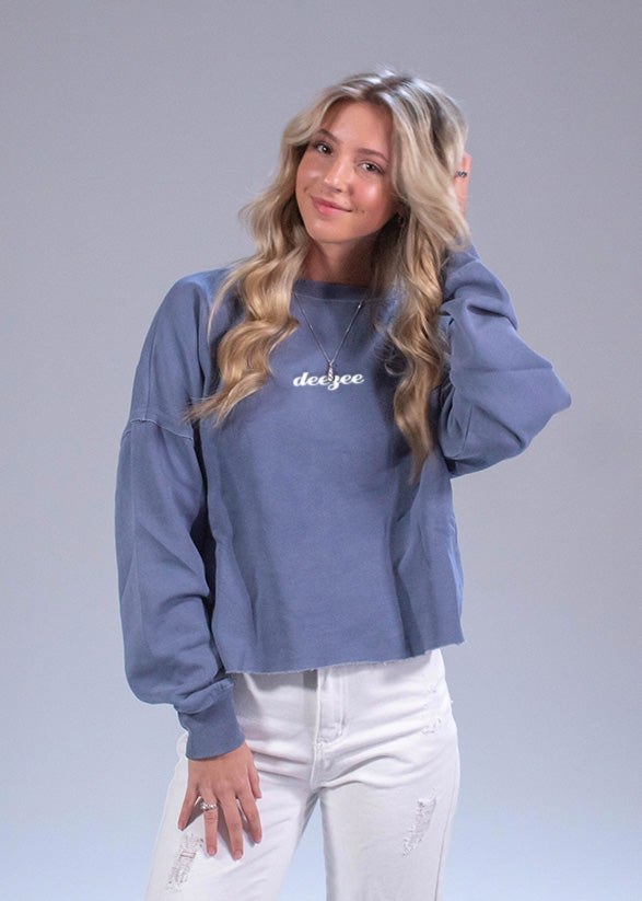 Theta Embroidered Washed Blue Crop Crewneck