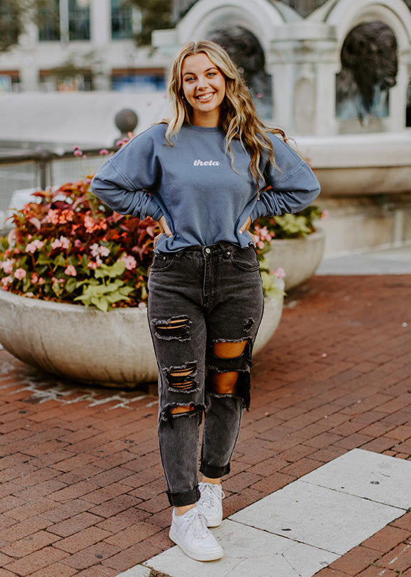 AXiD Embroidered Washed Blue Crop Crewneck
