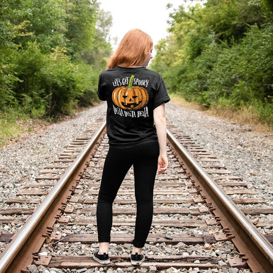 Chi Omega Comfort Colors Black Pumpkin Halloween Short Sleeve Pocket Tee | Chi Omega | Shirts > Short sleeve t-shirts