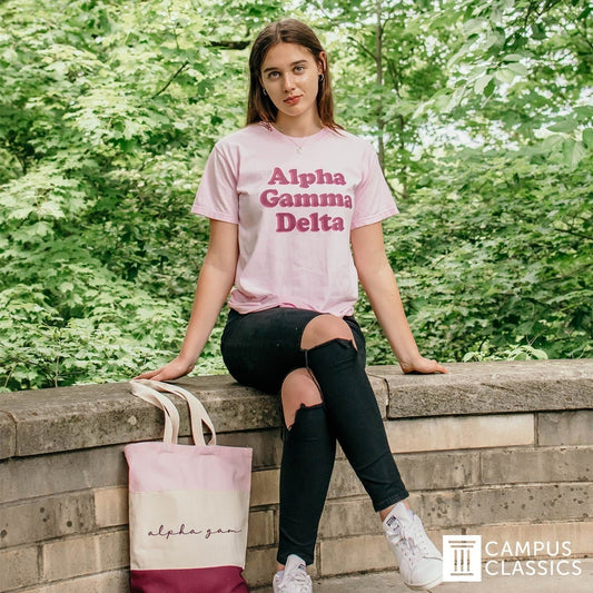 Tri Delta Pink Striped Tote | Delta Delta Delta | Bags > Tote bags
