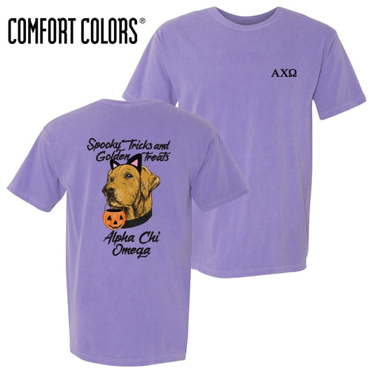 Alpha Chi Comfort Colors Violet Halloween Retriever Short Sleeve Tee | Alpha Chi Omega | Shirts > Short sleeve t-shirts
