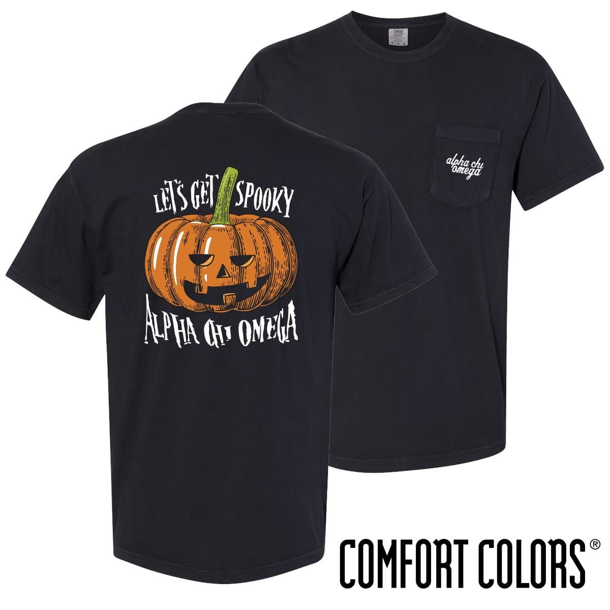 Alpha Chi Comfort Colors Black Pumpkin Halloween Short Sleeve Pocket Tee | Alpha Chi Omega | Shirts > Short sleeve t-shirts