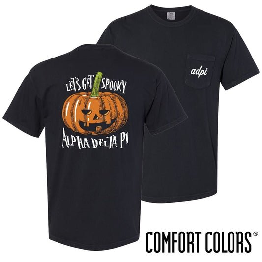 ADPi Comfort Colors Black Pumpkin Halloween Short Sleeve Pocket Tee | Alpha Delta Pi | Shirts > Short sleeve t-shirts