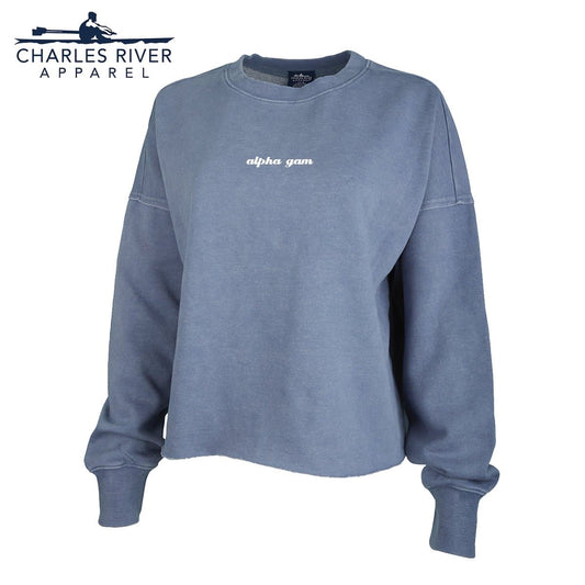 Alpha Gam Embroidered Washed Blue Crop Crewneck | Alpha Gamma Delta | Sweatshirts > Crewneck sweatshirts