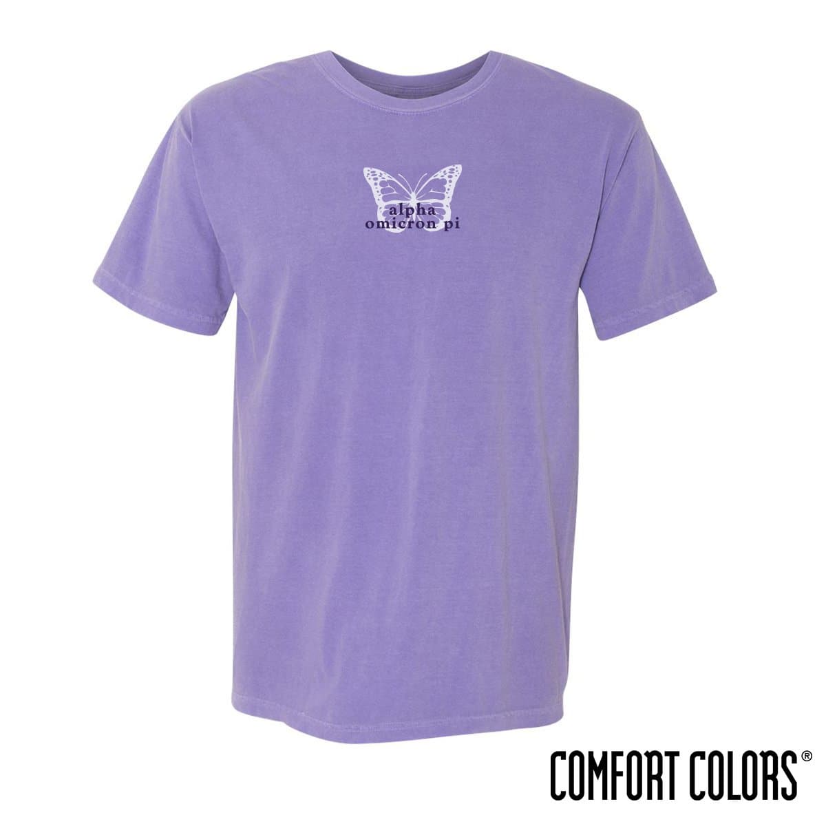 AOII Comfort Colors Purple Butterfly Tee | Alpha Omicron Pi | Shirts > Short sleeve t-shirts