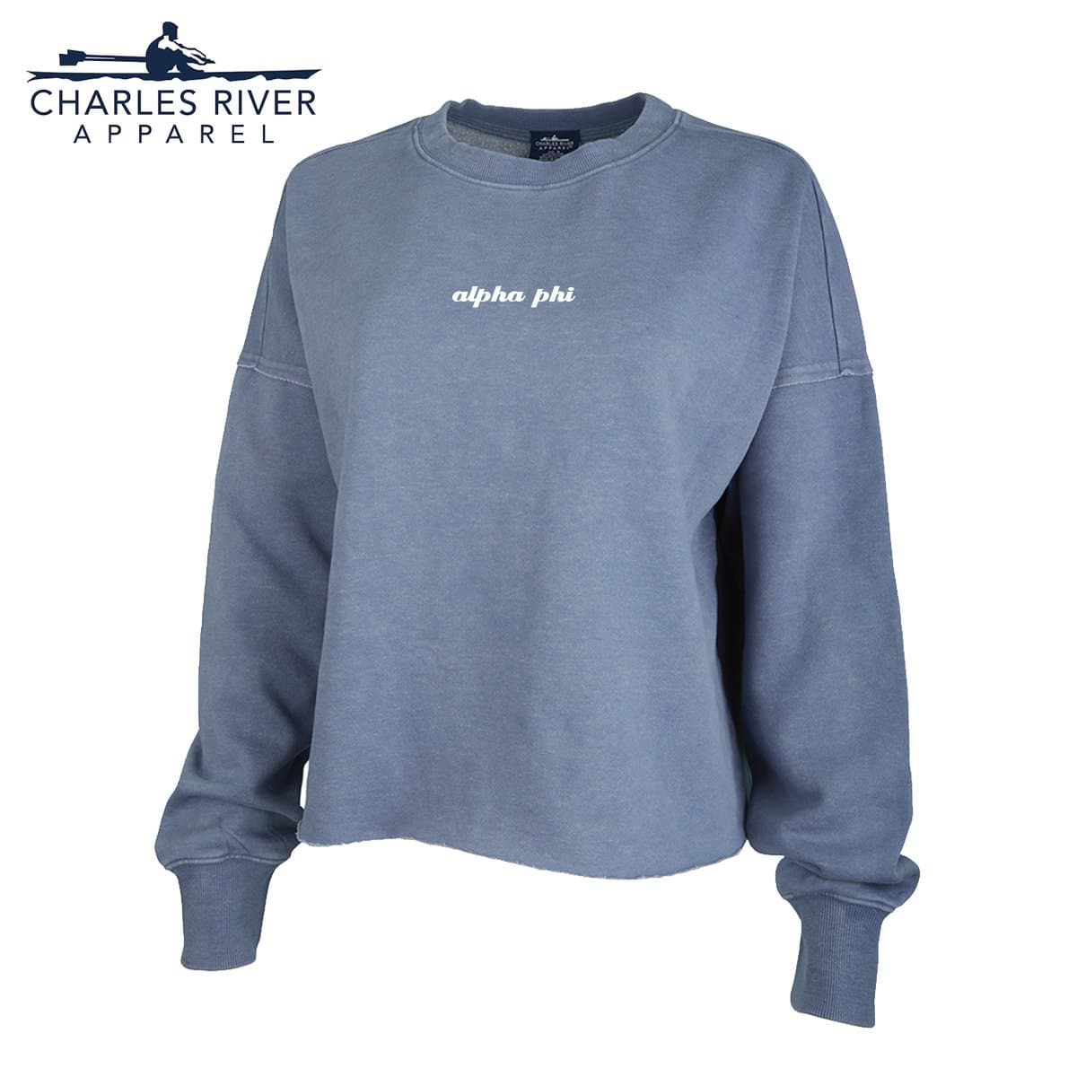 Alpha Phi Embroidered Washed Blue Crop Crewneck | Alpha Phi | Sweatshirts > Crewneck sweatshirts