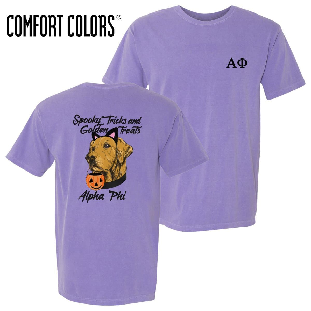 Alpha Phi Comfort Colors Violet Halloween Retriever Short Sleeve Tee | Alpha Phi | Shirts > Short sleeve t-shirts