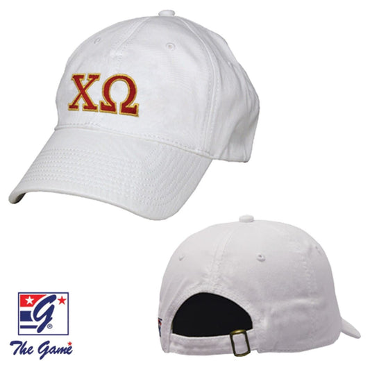 Chi O White Baseball Hat | Chi Omega | Headwear > Billed hats