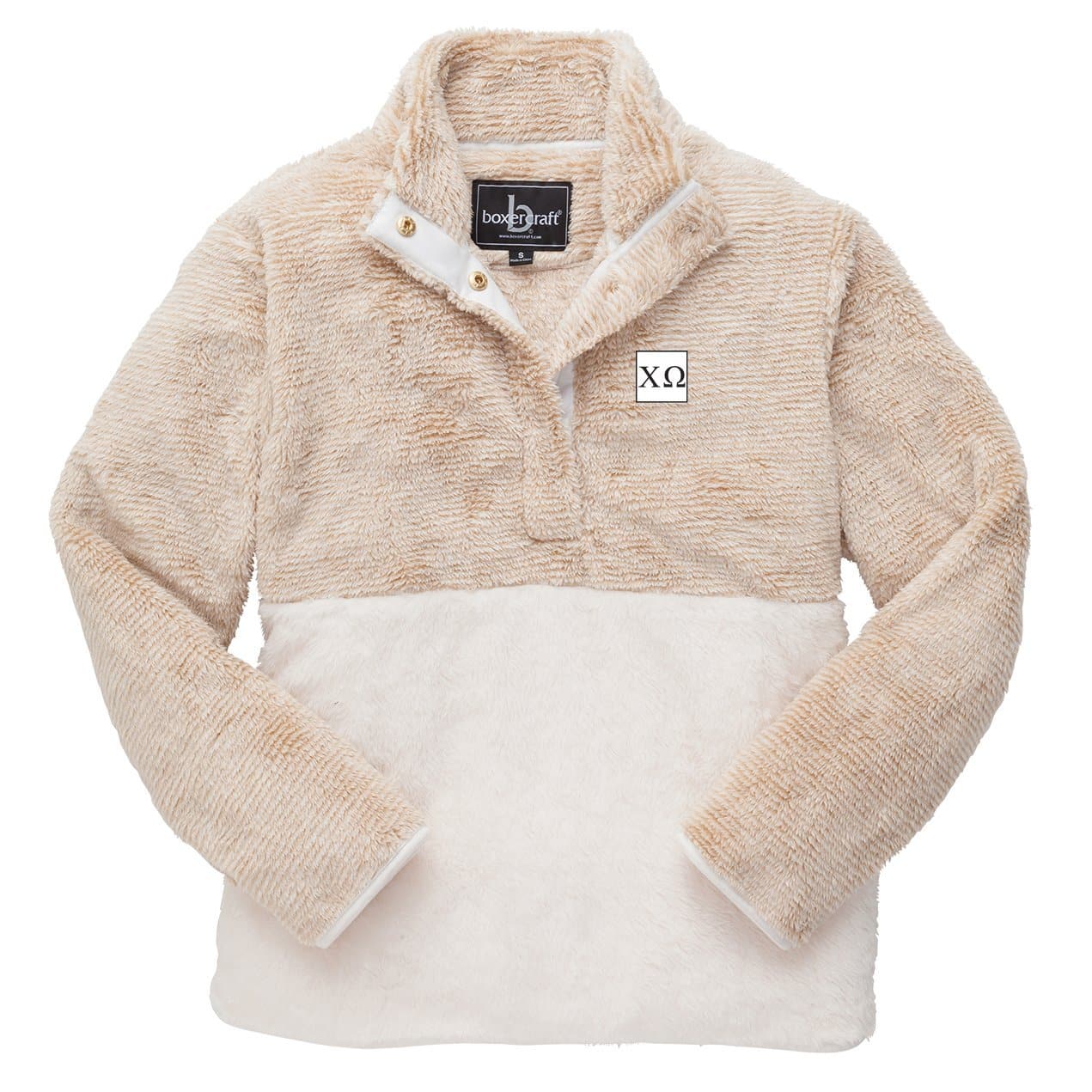 Chi Omega Camel Color Block Fuzzy Fleece | Chi Omega | Outerwear > Jackets
