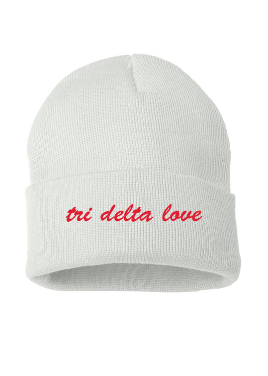 Tri Delta Love White Beanie