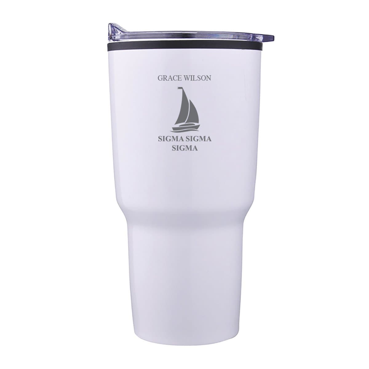 Tri Sigma Personalized 30oz White Tumbler | Sigma Sigma Sigma | Drinkware > Travel mugs